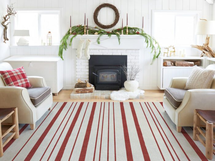Living room with a large striped rug 