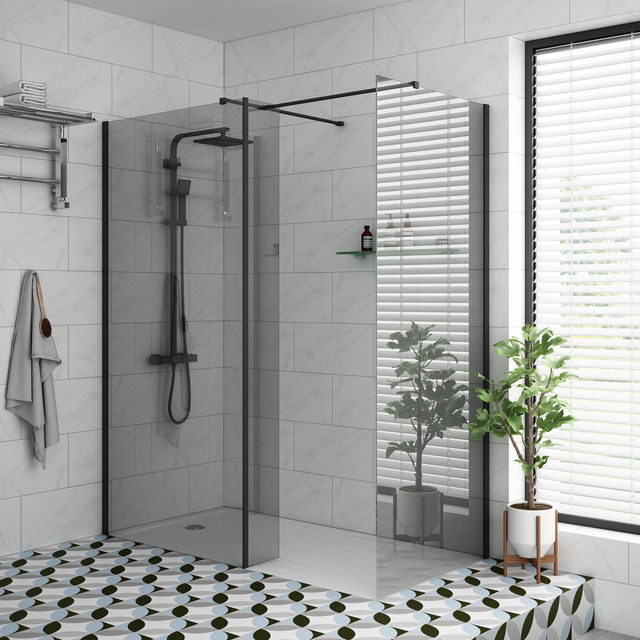Wet room walk in shower bathroom with monochrome flooring and white tiled walls