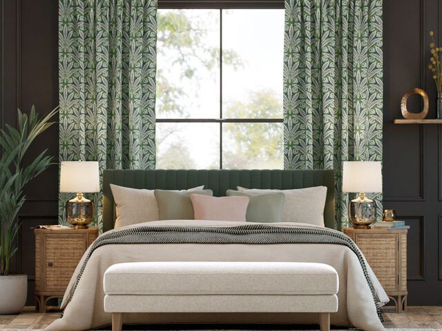 Green curtains in neutral bedroom space