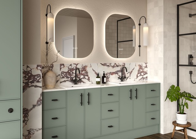 Green cabinetry in bathroom with glow mirrors