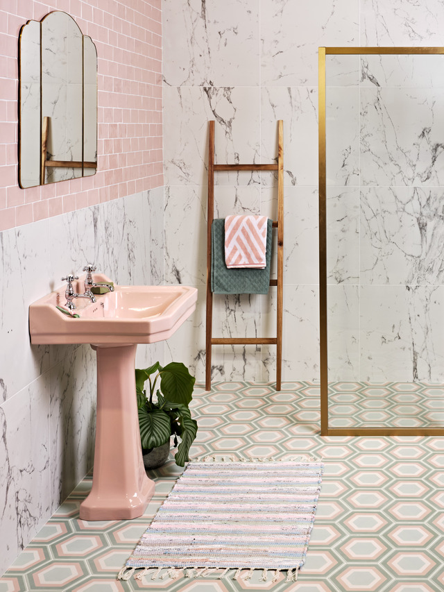 Pink tiled bathroom combined with marble