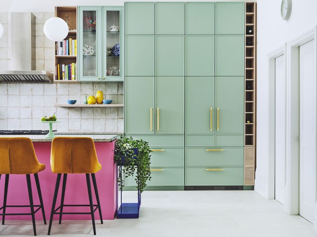 colourful kitchens: pink and green decor scheme in a light, airy kitchen