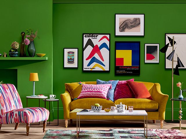 colourful living room scheme with abstract gallery wall