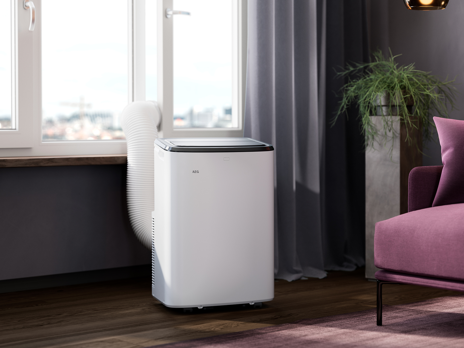 Portable air conditioner next to hot pink couch