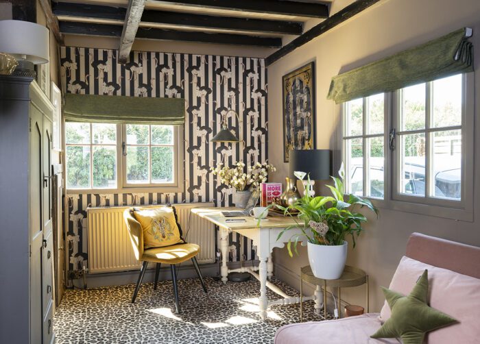 A combination of House of Hackney’s Pride Clay wallpaper and Javon leopard print carpet from Online Carpets makes Kerry’s office her favourite room in the house. ‘The other walls are painted in Abigail Ahern’s Hemp, and my desk is an old table which I picked up on eBay and gold leafed, while the chair is from Rockett St George.’ 