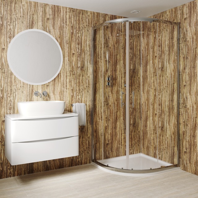 Rustic luxury spa style bathroom with power shower and vanity