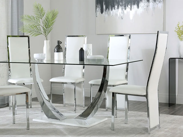 glass dining table with white seats on sale