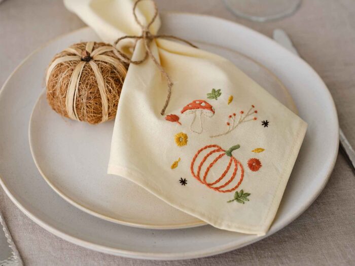 Hobbycraft's embroidered napkins with harvest details look great tied with jute string