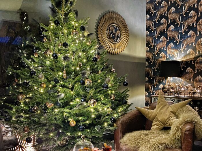 Living room with gold wallpaper and Nordman fir Christmas tree