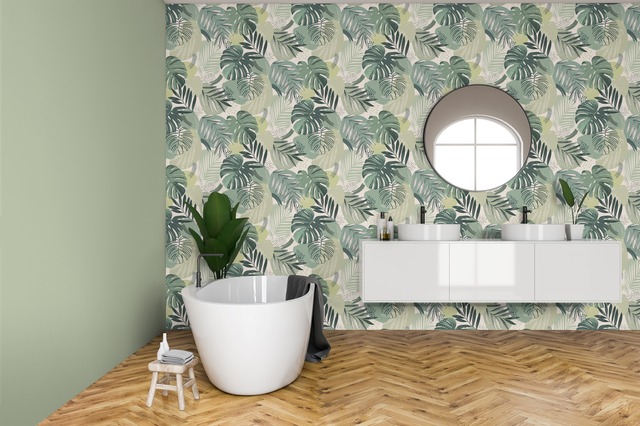 Feature green bathroom wallpaper
