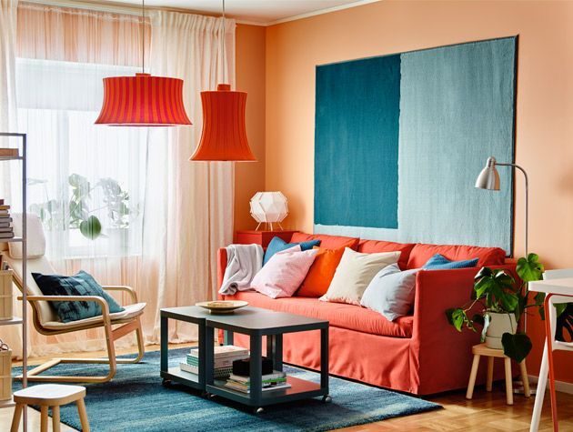 orange red and blue scheme living room