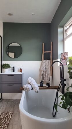 Green bathroom walls with freestanding bath tub