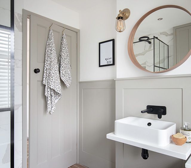 bathroom with traditional grey panelling - goodhomesmagazine.com - home tour