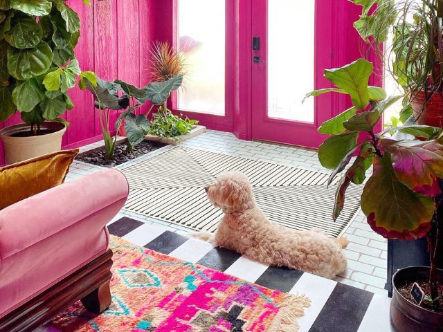 Striped rug in a pink room - perfect for Beetlejuice interiors