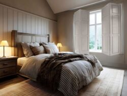 Mushroom coloured bedroom with shutters