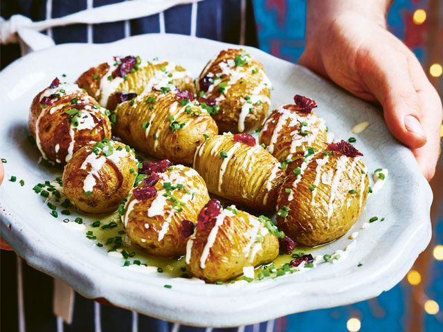 Vegan hasselback potatoes with cheese sauce from Vegan Christmas by Gaz Oakley -quadrille-kitchen-goodhomesmagazine.com