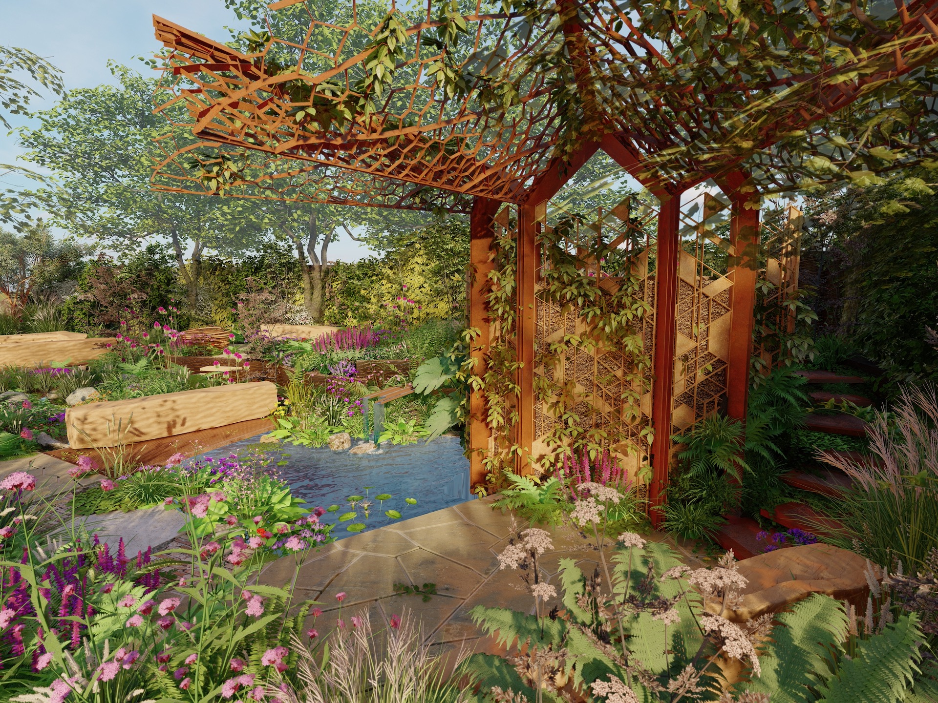 The Octavia Hill Garden by Blue Diamond with the National Trust, showing part of the garden building designed by architect Giles Jollands with Sam Ogilvie