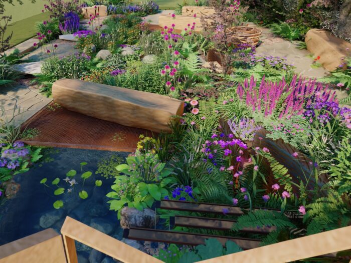 Impression of the wildlife pond at The Octavia Hill Garden by Blue Diamond with the National Trust